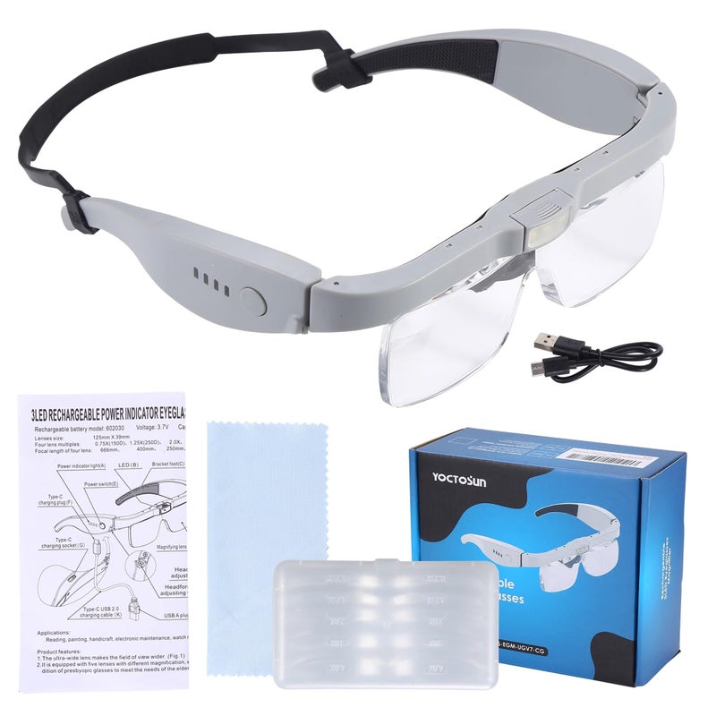 YOCTOSUN Magnifying Glasses with Light Head Magnifier Glasses with 5 Detachable Lenses 075X40X and 3 LED Lights Rechargeable Hands Free Eyeglasses Magnifier for Close Work Jewelry Crafts Hobby